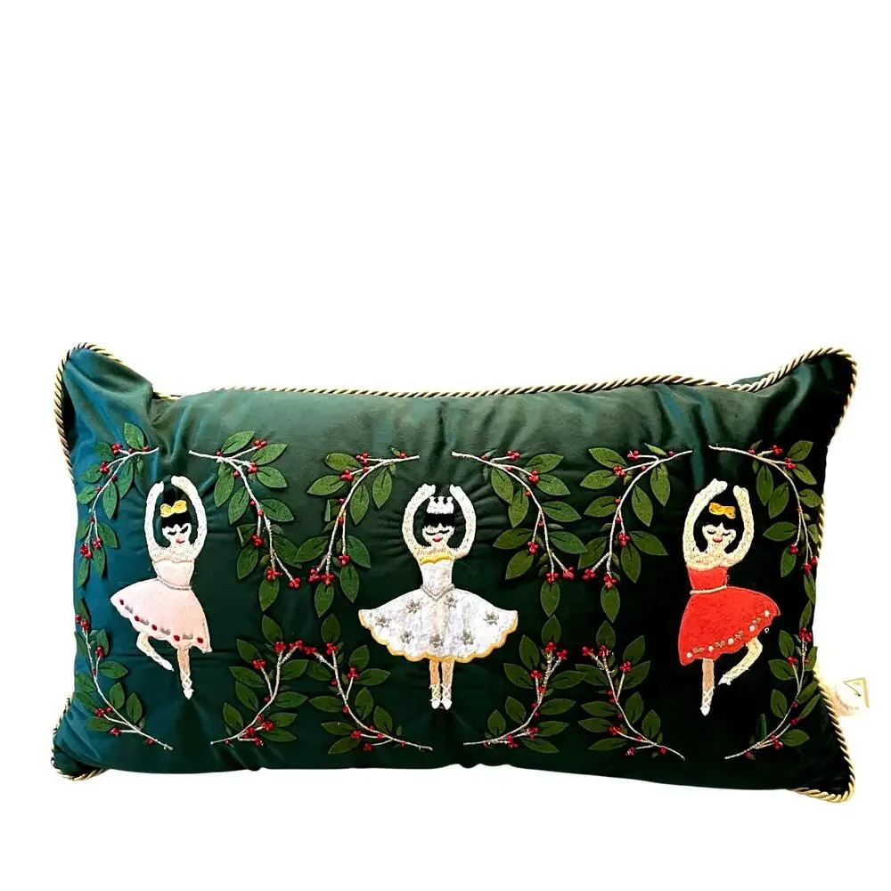 Nutcracker Embroidered Green Velvet Christmas Pillow 14x24 Winter Holiday NEW
